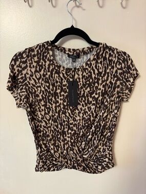 Dynamite Brown and Cream Leopard-Print Twist-Front Short Sleeve Top